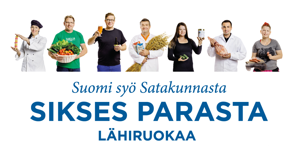 Sikses parasta -logo, jossa seitsemän eri hymyilevää elintarvikeammattilaista esittelee erilaisia Satakunnan tuotteita käsissään.