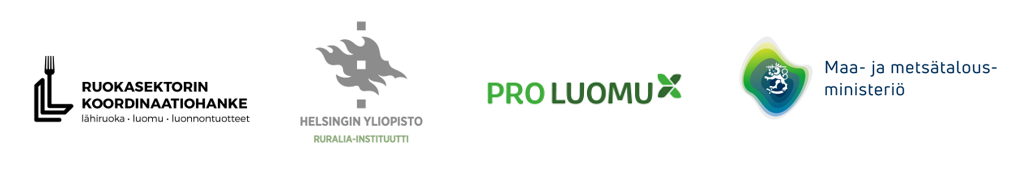 Sivuston rahoittajien ja toimijoiden logot: Ruokasektorin koordinaatiohanke, Helsingin yliopiston Ruralia-instituutti, Pro Luomu ja Maa- ja metsätalousministeriö.